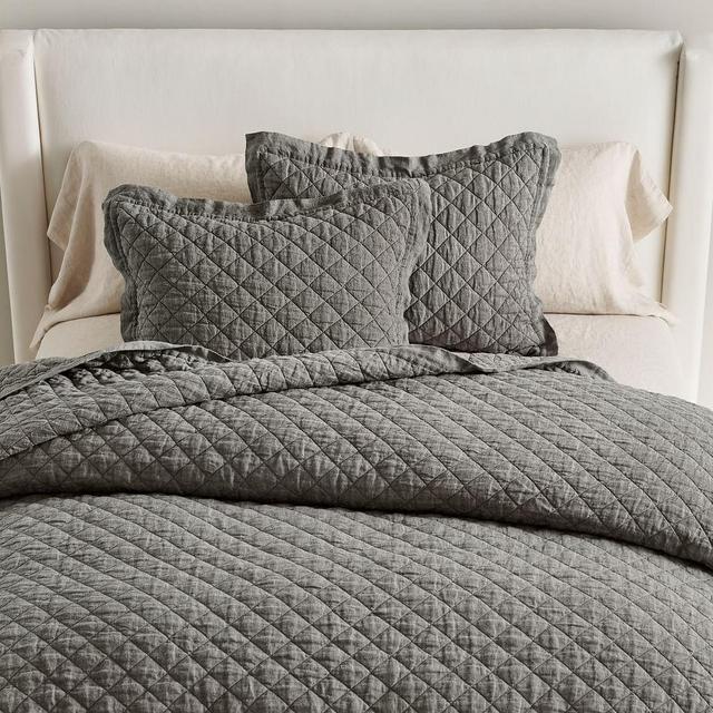 Heathered Charcoal Belgian Flax Linen Diamond Quilt, King/Cal. King