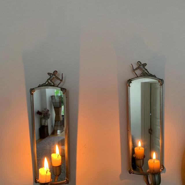 Set two Vintage Antique Pewter Mirror Tin Candleholders with Archer, Art Deco Wall sconces- Swedish Grace Scandinavian Svensk Tenn 1940s