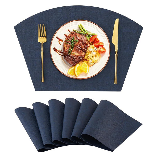 Homaxy Round Table Placemats Set of 6, Washable Wedge Shaped Faux Leather Table Mats, Wipeable Kitchen Dinner Place Mats for Indoor Outdoor, Navy Blue