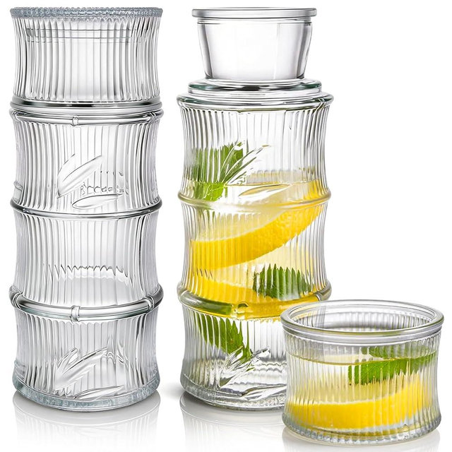 Elsjoy 4 Pack (2 Sets) Bedside Water Carafe and Glass Set, 24 oz Glass Carafe with 6 oz Glass Cup, Nightstand Water Pitcher Glass Mouthwash Decanter for Bathroom