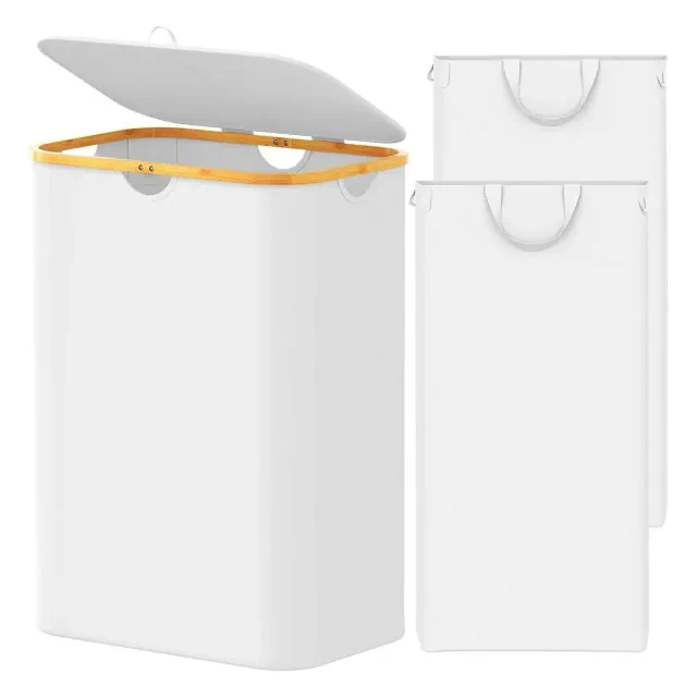 Laundry Hamper 2-compartment with 2 Removable Bags, 160L Collapsible Basket with Lid and Bamboo Handles – SpaceAid
