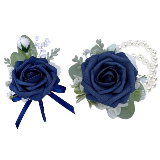 CherishedMoments Corsage and Boutonniere Set, Navy Blue Handmade Artificial Rose Peony Wrist Corsage and Groom Flower Boutonniere for Seaside Wedding, Anniversary, Fall Vintage Wedding
