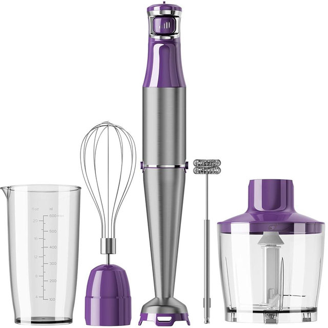 Immersion Blender Handheld Corded Hand Blenders Set 1100W, Trigger Variable Speed 5 in 1 Stick Emulsifier with Chopper, Whisk and Frother for Soup, Baby Food and Smoothies, Purple