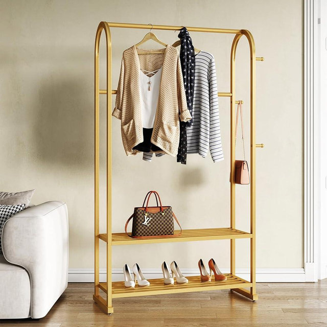 BUZUEY Gold Clothing Rack - Heavy Duty With Shelves, Metal Garment Rack for Hanging Clothes, Wardrobe for Boutique Retail or Home