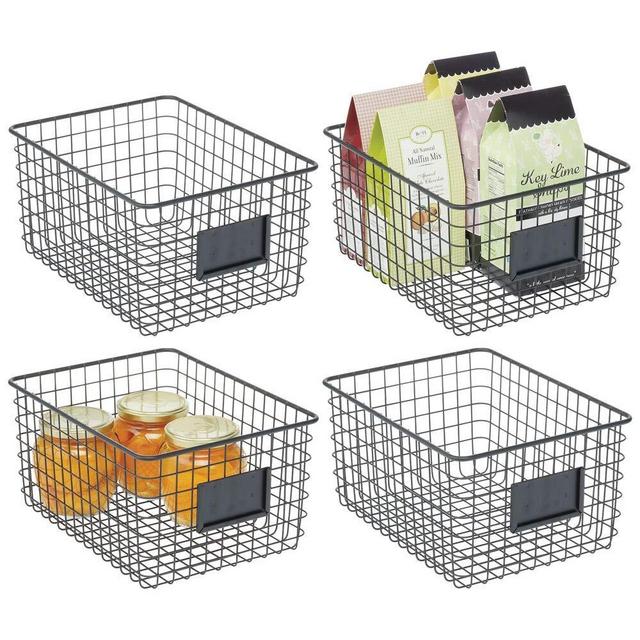 mDesign Farmhouse Decor Metal Wire Food Organizer Storage Bin Basket for Kitchen Cabinets, Pantry, Bathroom, Laundry Room, Closets, Garage, 4 Pack - Black
