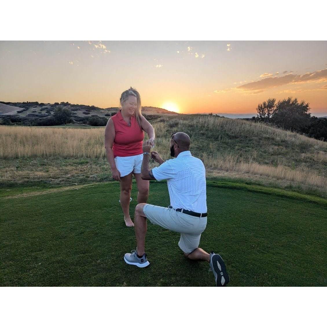 Engaged July 28th 2024 at Red Hawk Golf Course in Colorado on the 18th hole at Sunset