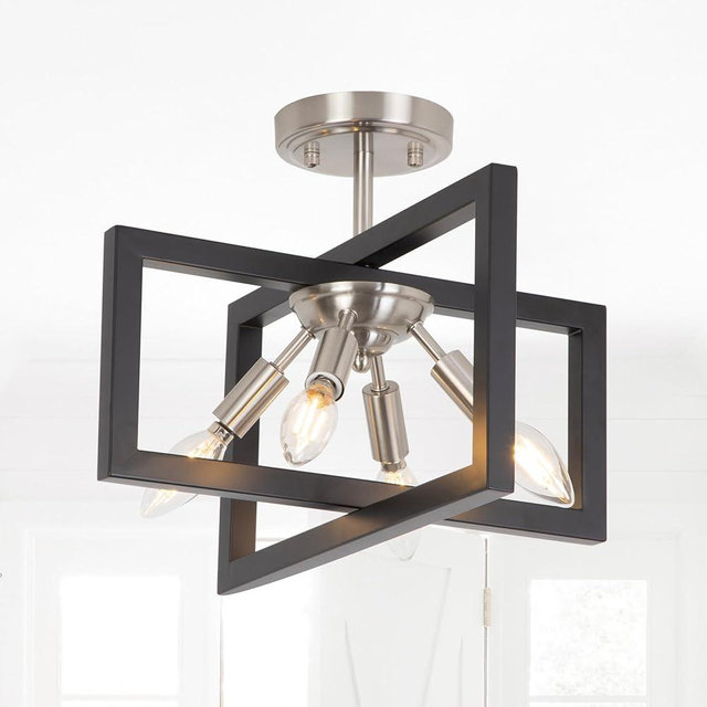 Minyuco Semi-Flush Mount Ceiling Light - Modern Industrial Light Fixture Black and Brushed Nickel Chandelier,4-Light Farmhouse Ceiling Lamp for Kitchen Foyer Entryway Hallway Bedroom Closet