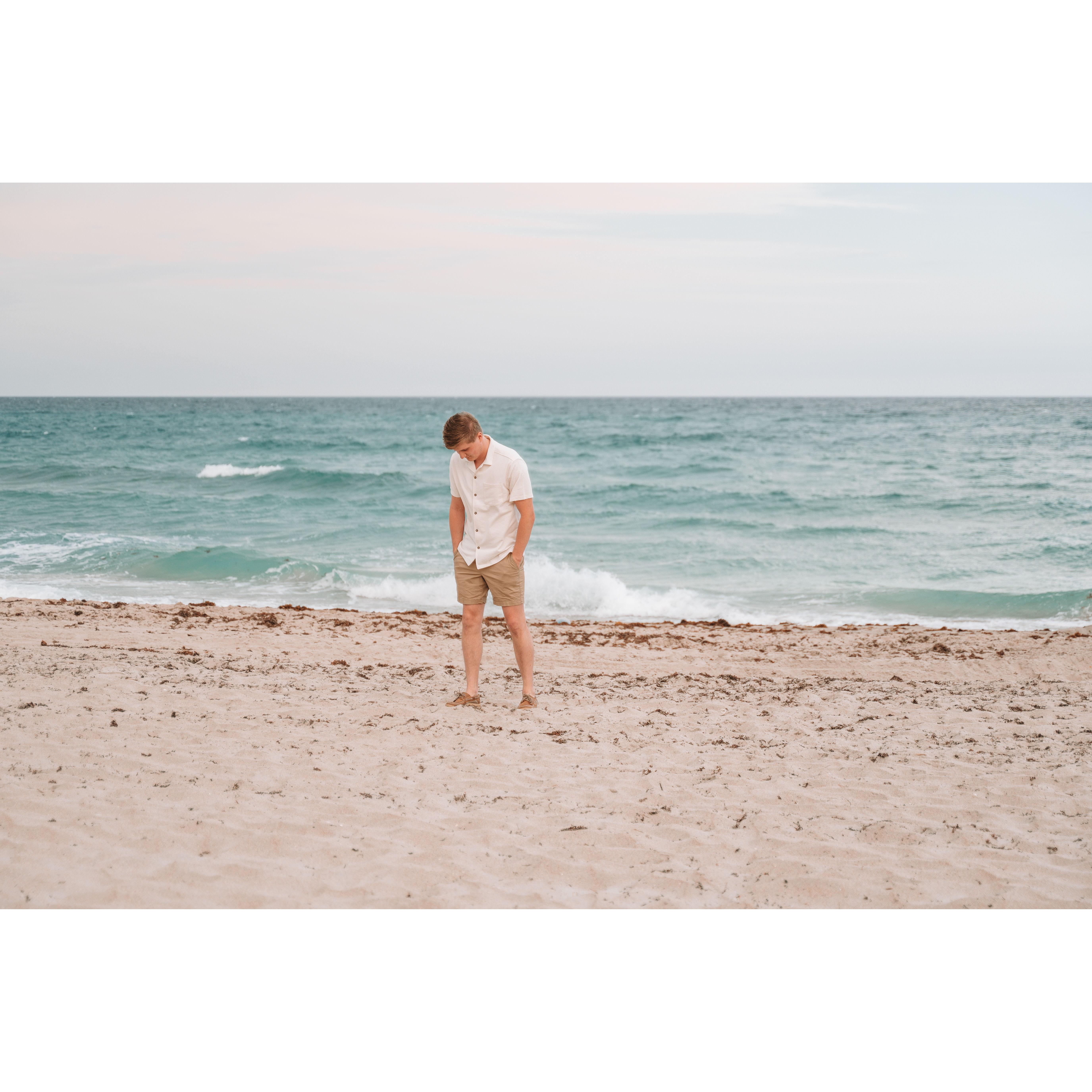 Matthew pacing the beach before the big question