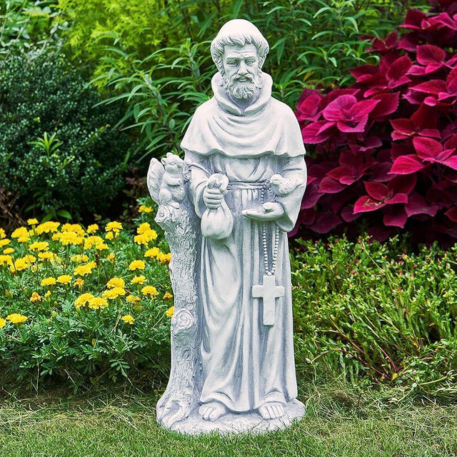 TOETOL St Francis Garden Statues 31 Inch Saint Francis of Assisi Catholic Christian Yard Decor Lawn Garden Patio Outdoor Sculptures Magnesium Oxide Stone Grey Garden Art Decorations