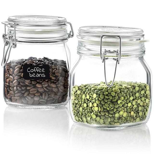 Bormioli Rocco Glass Fido Jars - 25¼ Ounce (.75 L) hermetic Sealed hinged Airtight lid for Fermenting, Pantry, Kitchen Storage Jars, Bulk Food Storage Containers, With Paksh Chalkboard Labels (2 Pack)