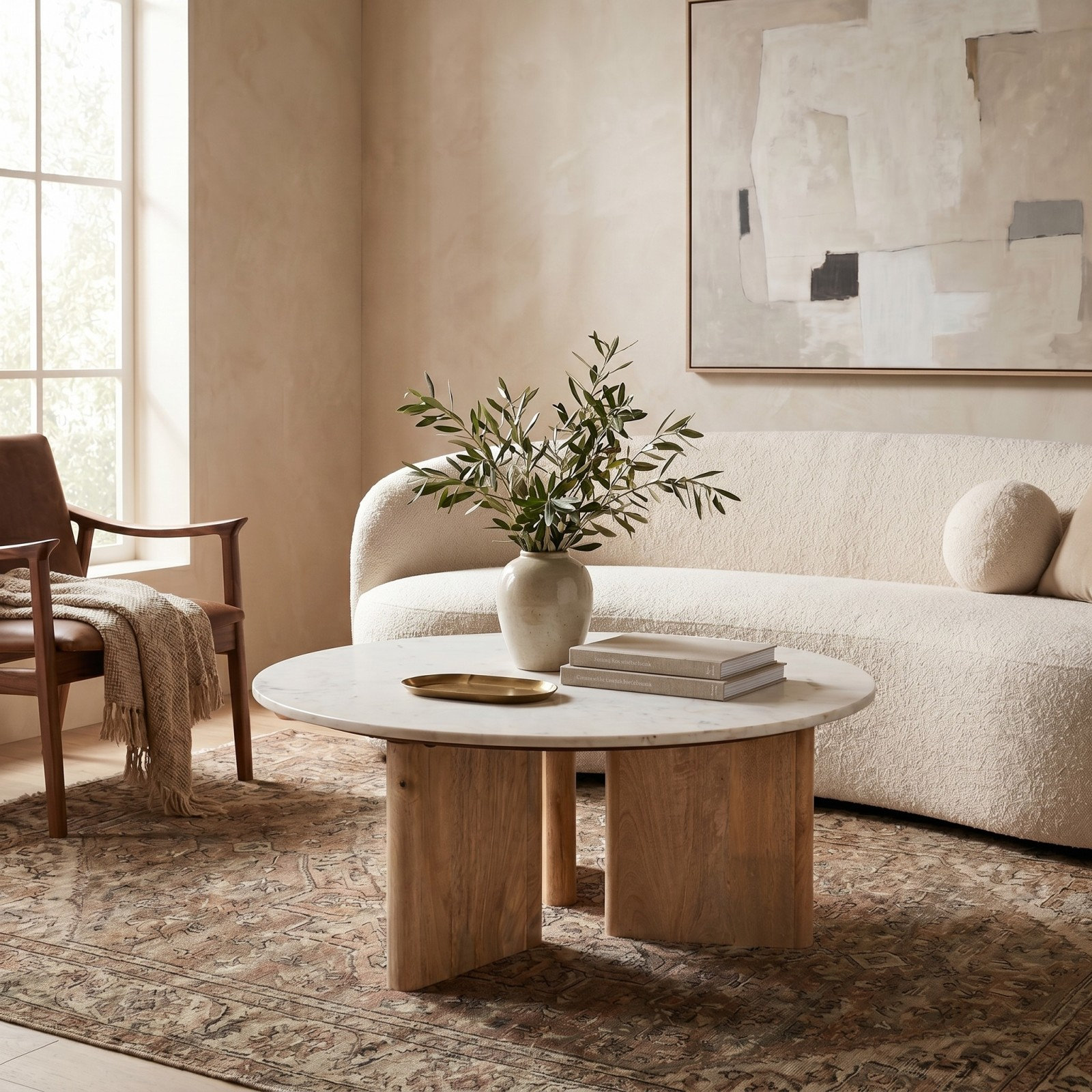 Rowena Interiors, Levi Round Tri-Pod Mango Wood & Marble Coffee