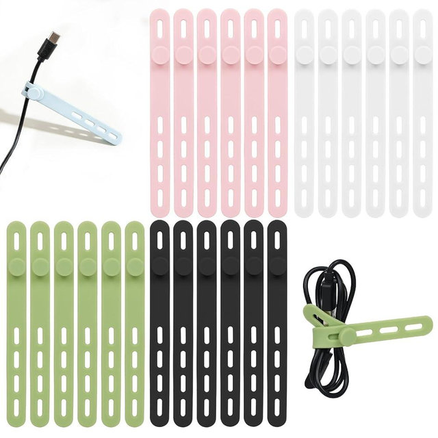 Donruby 24Pcs Silicone Cable Ties - Reusable & Washable with Locking Buckles, Adjustable Fastening Cable Management Straps, Multi-Purpose High Elasticity Cord Organizer (4 Colors)