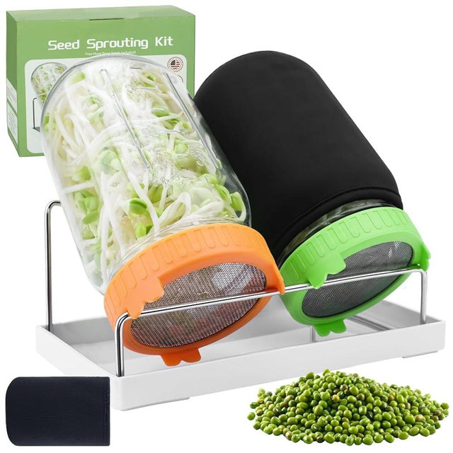 Seed Sprouting Kit with Mung Beans 80g, 2 Large Wide Mouth Mason Jars with Sprout Lids, Blackout Sleeves, Drain Tray, Stainless Steel Stand, Sprouts Growing Kit for Growing Bean Alfalfa Sprout Seeds