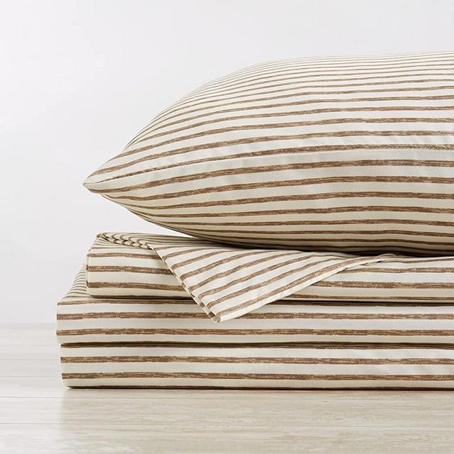 4-Piece Stripe Printed Ultra-Soft Microfiber Sheet Set. Wrinkle Free, Comfortable, All-Season Bed Sheets. Evette Collection (King, Stripe - Taupe)