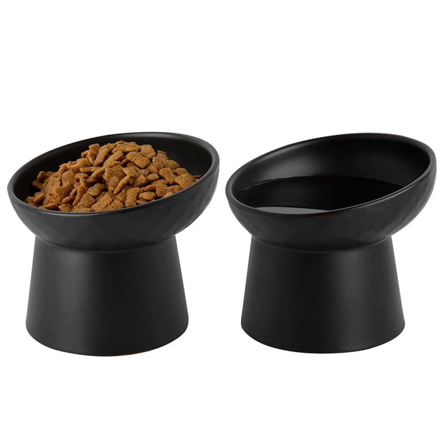 KITCHENLESTAR Ceramic Raised Cat Bowls, Elevated Tilted Cat Food and Water Bowls Set, Porcelain Stress Free Pet Feeder Dish for Cats and Small Dogs, Dishwasher and Microwave Safe, Set of 2(Black)