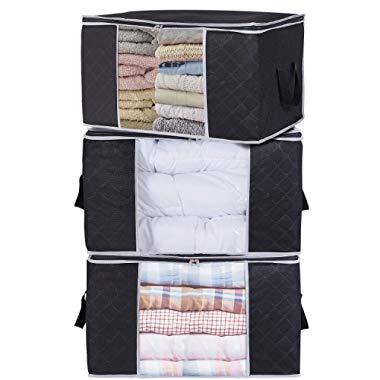 Lifewit Large Capacity Clothes Storage Bag Organizer with Reinforced Handle Thick Fabric for Comforters, Blankets, Bedding, Foldable with Sturdy Zipper, Clear Window, 3 Pack, 90L, Black