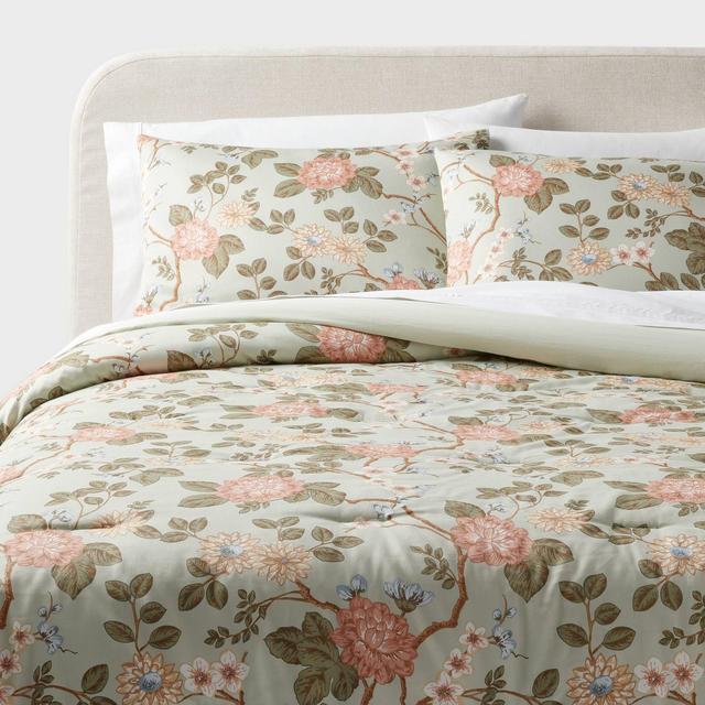 Full/Queen Floral Print Comforter and Sham Set Light Sage Green/Light Pink/White - Threshold™