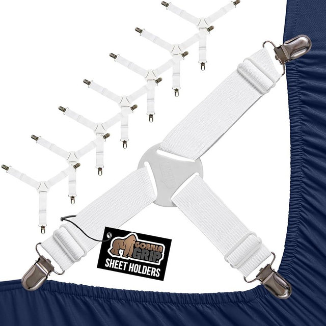 GORILLA GRIP Patent Pending Bed Sheet Holders, Adjustable Elastic Fasteners with Metal Clips, Keep in Place Fitted Bedding Straps, Firm Tight Suspenders for Mattress, US Designed, 8 Pack White