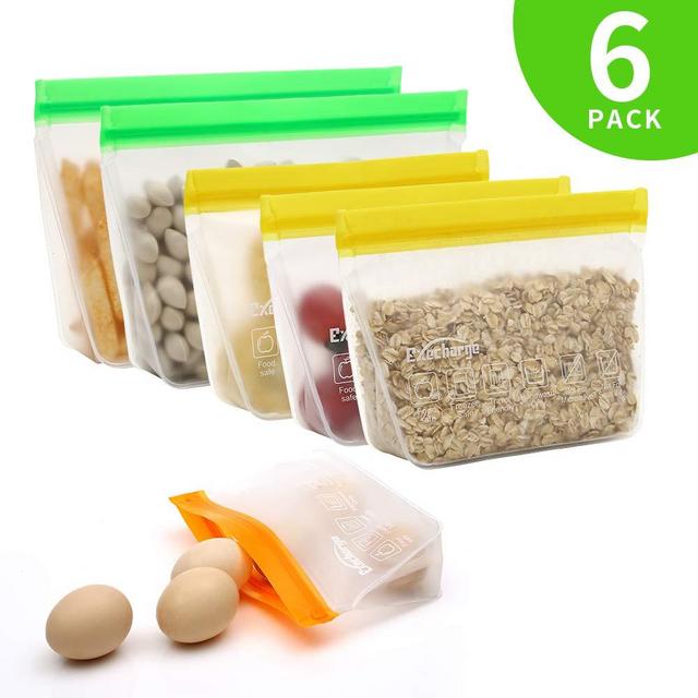 Reusable Storage Bags for Food, EXEcharge 6 Pcs Stand-Up Freezer Ziplock Lunch Bags, Leakproof Easy Seal FDA Grade BPA FREE Extra Thick Food Storage Sets for Kitchen Home | Travel | Outdoor Storage
