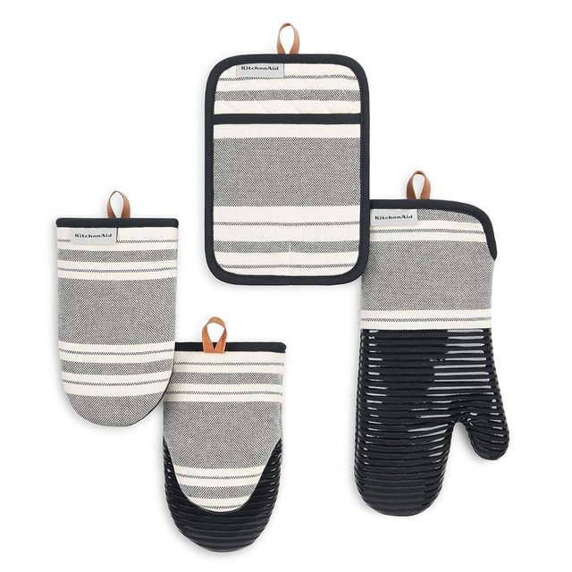 KITCHENAID Vintage Stripe Oven Mitt, Mini Oven Mitt & Pot Holder 4-Pack, 100% Cotton, Heat Resistant, Matte Black/Ivory, 7"x14", 5.5"x9" & 7"x10"