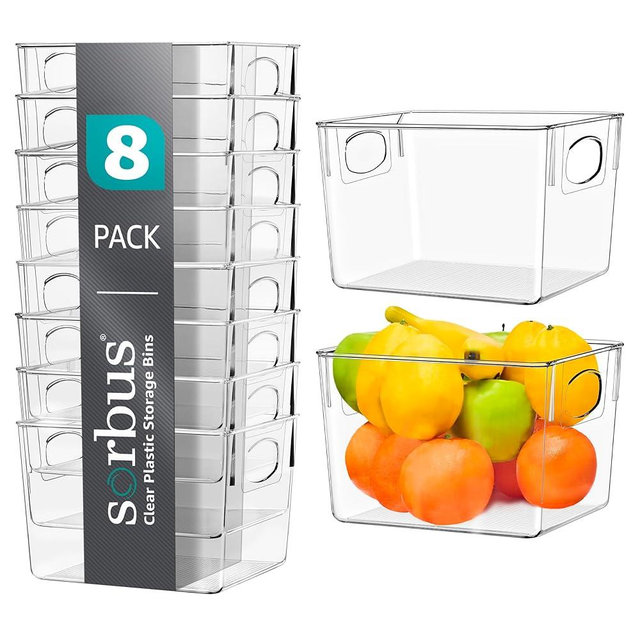 Sorbus Medium Plastic Storage Bins - for Kitchen Organization, Pantry Organizers and Storage, Fridge Organizer, Cabinet Organizer, Refrigerator Organizer Bins - Clear Storage Bins (8 pack)