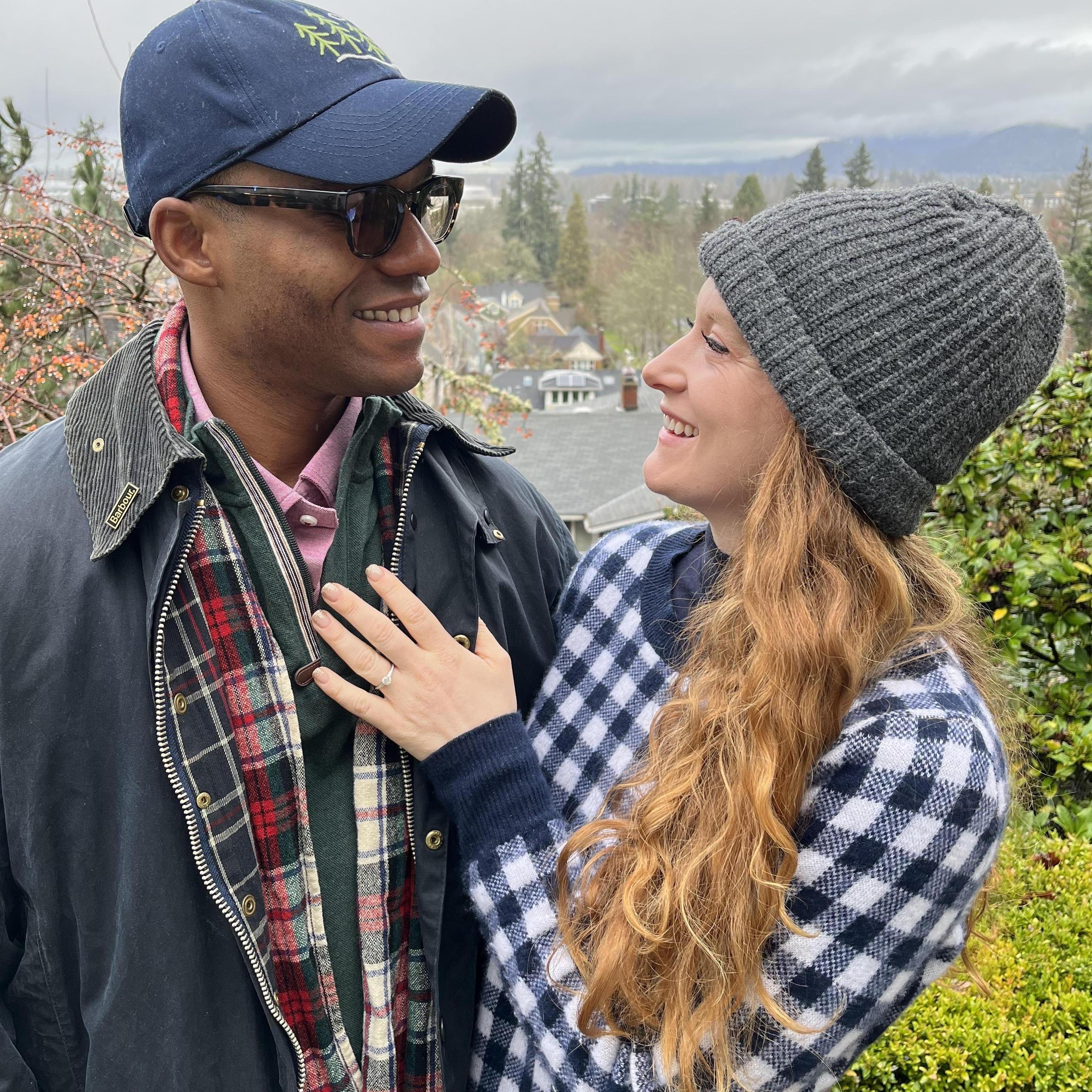 Moments after our engagement. Taylor proposed in Eugene at Christmas 2021.
