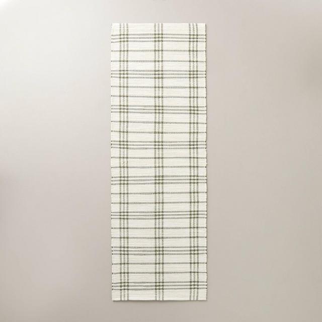 2'4"x7' Tri-Stripe Plaid Handmade Woven Runner Rug Green/Cream - Hearth & Hand™ with Magnolia