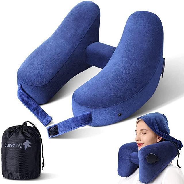 Neck Pillow Inflatable Travel Pillow Comfortably Supports The Head, Neck and Chin, Airplane Pillow with Soft Velour Cover, Hat, Portable Drawstring Bag (Blue)