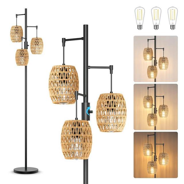 lumenfox Boho Rattan Floor Lamp - Dimmable Floor Lamp 70 Inch with Shades, Coastal Floor Lamp 3 Light Bohemian Floor Lamps Standing Lamps for Living Room Bedroom Office