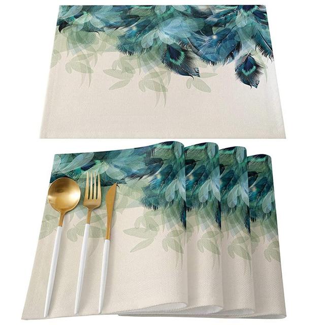 Placemats Set of 6 Dinner Napkins Cotton Linen Burlap Heat Resistant Table Mats Beautiful Peacock Feathers Teal Green Blue Washable Placemat for Banquet Kitchen Dining Table Decor 13 x 19 Inch
