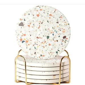 Terrazzo Marble Absorbent Coasters with Holder - Set of 6, Drink Coasters for Coffee Table
