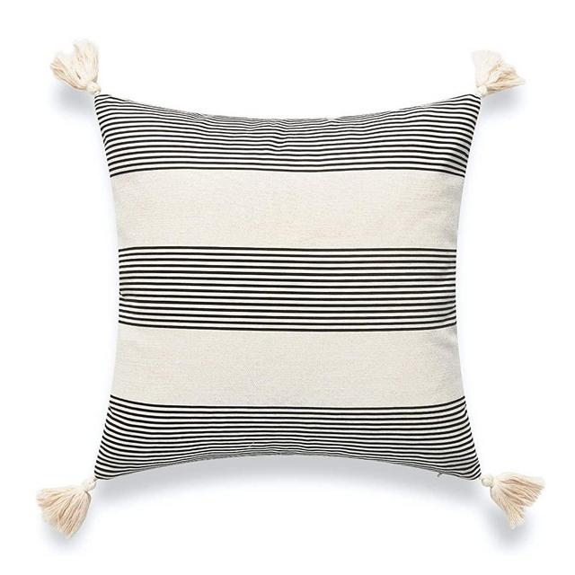 Hofdeco Modern Boho Moroccan Indoor Outdoor Pillow Cover ONLY for Backyard, Couch, Sofa, Neutral Black Stripe Tassels, 18"x18"