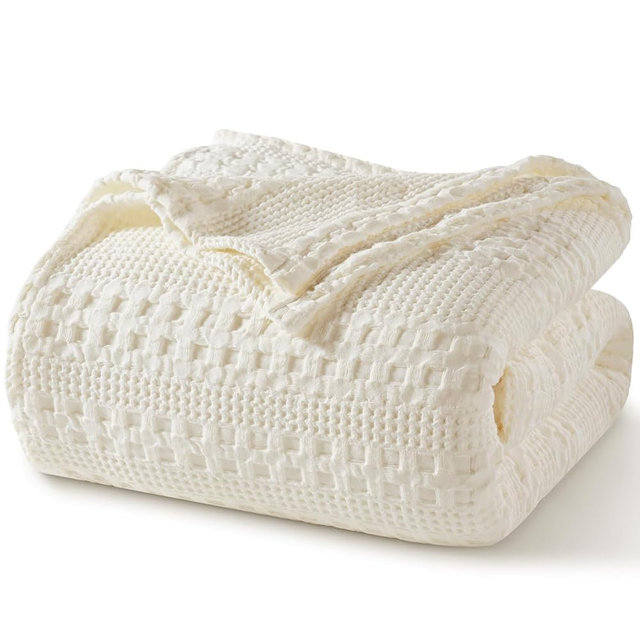 PHF 100% Cotton Waffle Blanket Twin Size for College Dorm, Lightweight Breathable and Soft for Summer, Luxury Aesthetic Waffle Weave Blanket for Bed & Gifts for Women, 66"x90", Ivory