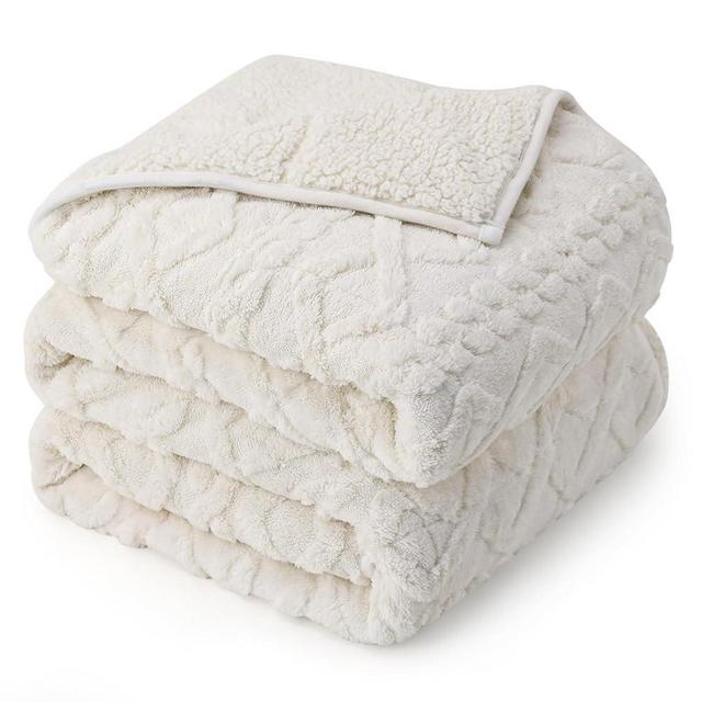 Drewin Weighted Blanket 15lbs Queen Size, Soft and Thick Jacquard Sherpa Heavy Blanket for Calming and Relax, Dual Sided Ultra Soft Fuzzy Throw Blanket with Ceramic Beads, 60 x 80 inches, Cream White