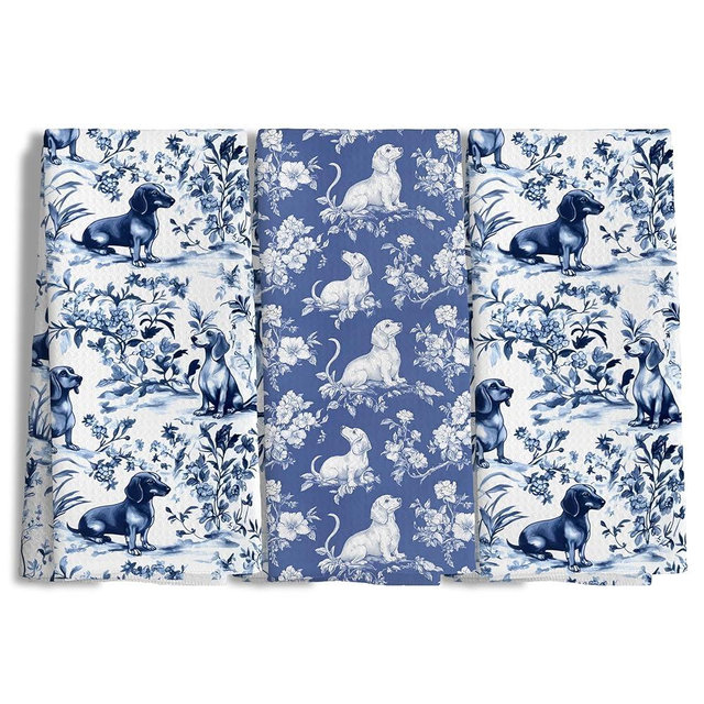 Nipil Chinoiserie Dachshund Kitchen Towels Set of 3, Blue and White Floral Botanical Dachshund Decorative Dish Tea Towels, Grandmillennial Weiner Dog Hand Towels for Kitchen Bathroom, 16x24 Inch