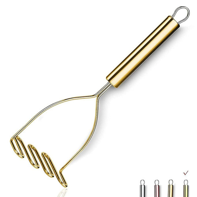 Gold Potato Masher, Stainless Steel Heavy Duty Metal Potato Ricer With Titanium Golden Plating, Food Masher Utensil, Hand Masher, Vegetables Fruits Mashe, Dishwasher Safe (9.6 Inch)