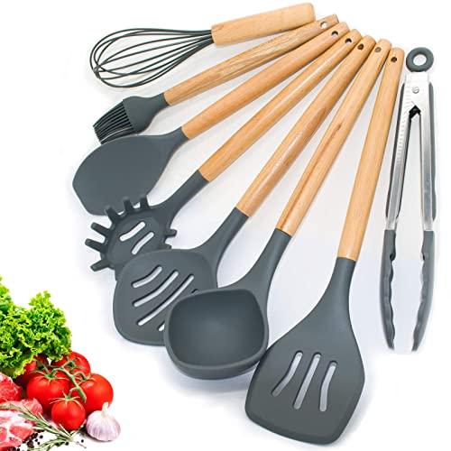 Silicone Kitchen Utensils Set, 8 Pcs Nonstick Kitchen Spatula Set with wooden Handles,Non-stick Heat Resistant cookware，Cooking Tool Turner Tongs Spatula Spoon Kitchen Gadgets