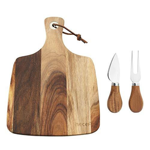 Hecef Cheese Board Set of 3, an Acacia Wood Cheese Board & a Cheese Knife & a Cheese Fork, Perfect Cheese Serving Board (Cheese board with 2 knives)