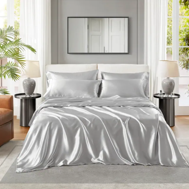 6 Pcs Solid Wrinkle-Free Satin Sheet Set, Silky Soft Touch Frezz-Reduce Luxury Sheets, OEKO-TEX Certified Premium Bedding Set, Light Grey, King