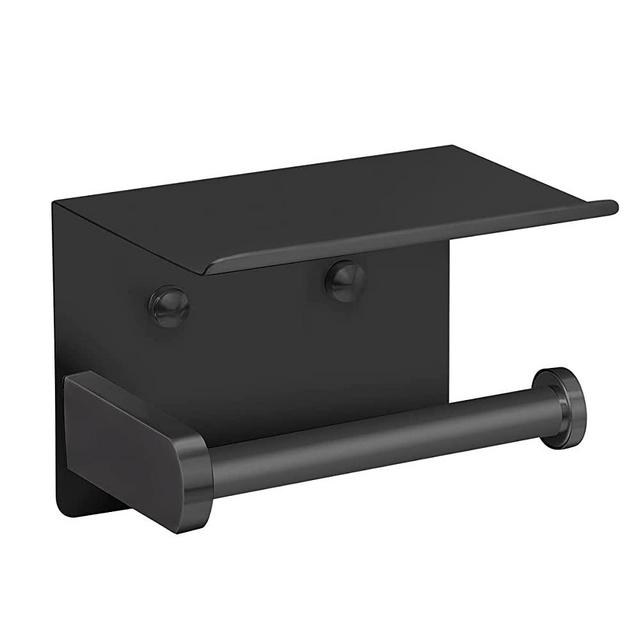 VAEHOLD Self Adhesive Toilet Paper Holder with Phone Shelf SUS 304 Stainless Steel Wall Mounted Toilet Paper Roll Holder - Rustproof and Bathroom Washroom Tissue Roll Holder with Shelf - Black