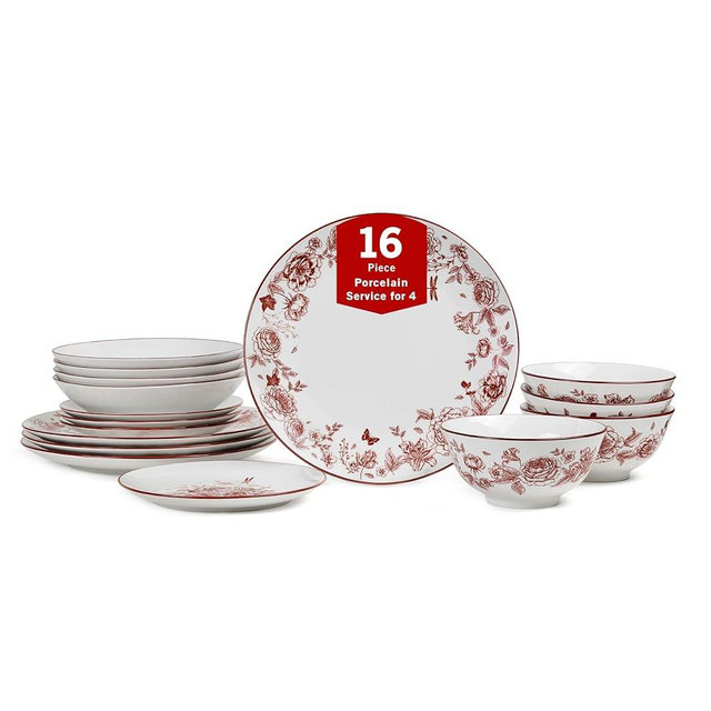 Stone Lain Esme 16-Piece Dinnerware Set Porcelain, Plates and Bowls Set, Dish Set for 4, Cereal and Pasta Bowls, Microwave and Dishwasher Safe, Red