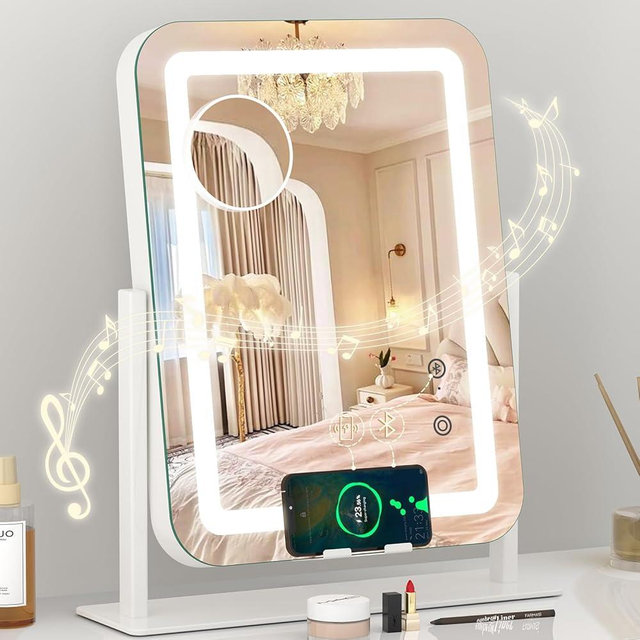Dripex 3-in-1 Lighted Vanity Mirror with Bluetooth Speaker & Wireless Charging, 15"x12" LED Makeup Mirror with Lights 3 Colors Dimmable, Phone Holder Touch Keys 10X Magnification