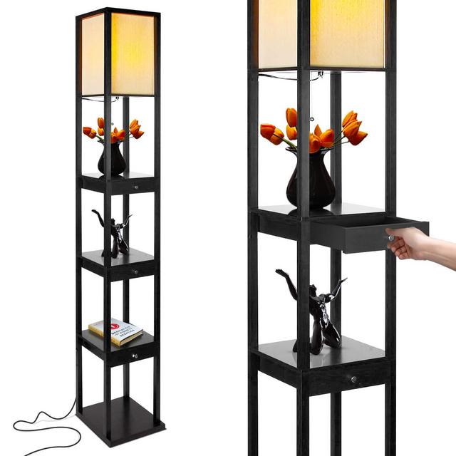 Brightech Maxwell Drawer Edition - Shelf & LED Floor Lamp Combination - Modern Living Room Standing Light with Asian Display Shelves - Classic Black