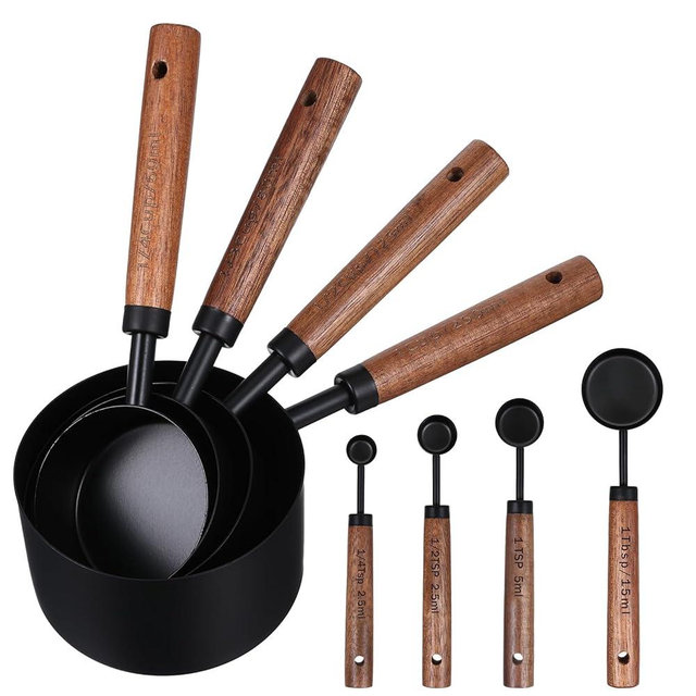 Stainless Steel Measuring Cups Set and Measuring Spoons Wooden Handle Metal Measure Cups and Spoons for Cooking and Baking, 8 Piece