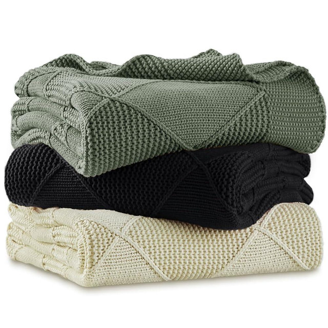 Longhui bedding 100% Natural Cotton Chunky Knit Throw Blanket for Couch, Sofa, Bed and Chair, Alternating Diamond Pattern, 60 x 80 Inches, Laundry Bag Included Grey