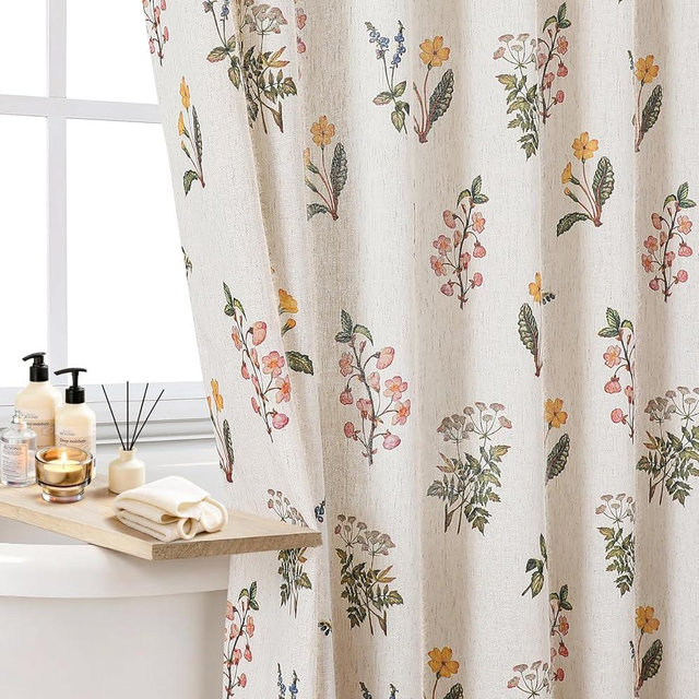 Colorful Star Farmhouse Floral Linen Shower Curtain, Vintage Boho Shower Curtain for Bathroom, French Country Pattern Waterproof Bathroom Curtains, 72" W x 72" L