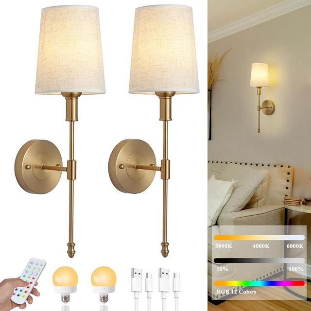 HOTRAN Battery Operated Wall Sconce Set of Two,Gold Wireless Modern with Remote Control Rechargeable Dimmable Lighting Indoor, LED Wall Lamp Fixtures for Bedroom, Living Room, 2-Pack