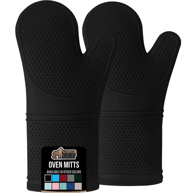 Gorilla Grip Extra Long Heat Resistant Silicone Oven Mitts Set, Soft Quilted Lining, Waterproof Flexible Gloves for Cooking and BBQ, Kitchen Mitt Potholders, Easy Clean, Set of 2, 14.5 Inch, Black