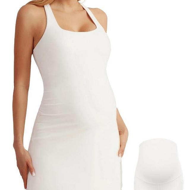 Maacie Maternity Tennis Dress with Shorts & Built in Bra Scoop Neck Sleeveless A-line Workout Golf Dress with Pocket