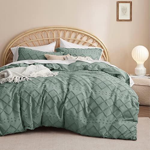 Bedsure Boho Duvet Cover Full Size - Boho Bedding, Tufted Full Duvet Cover for All Seasons, 3 Pieces Embroidery Shabby Chic Home Bedding,Comforter Not Included (Green, 80" x 90")